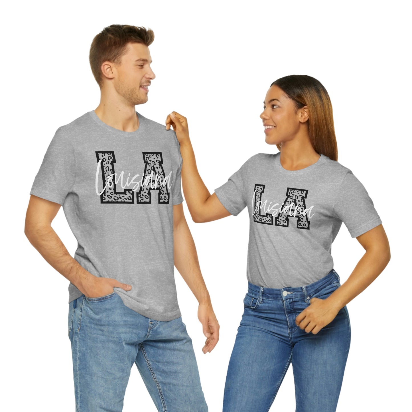 Louisiana LA Leopard Print Letters White Script Short Sleeve T-shirt