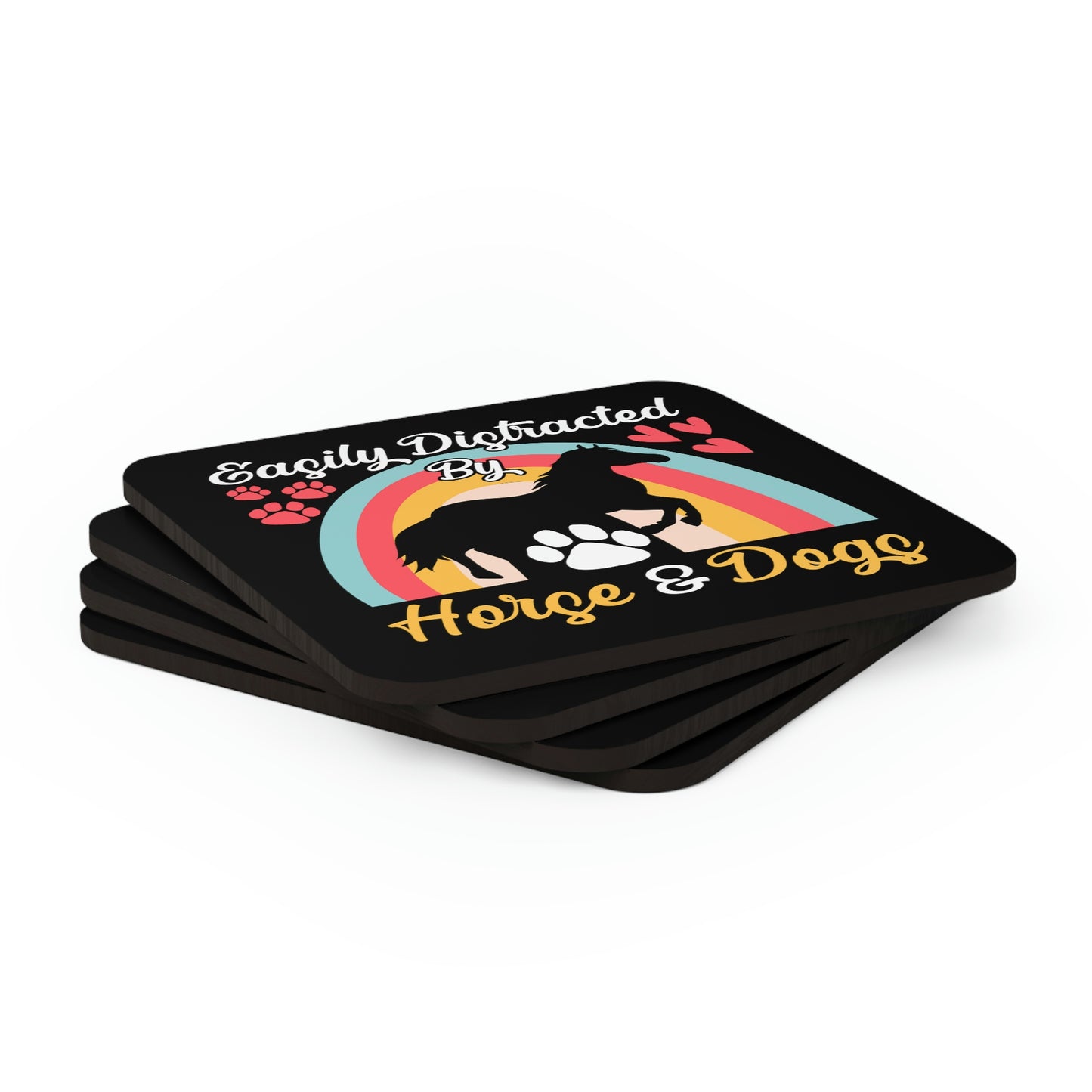 Easily Distracted by Horse & Dogs Corkwood Coaster Set