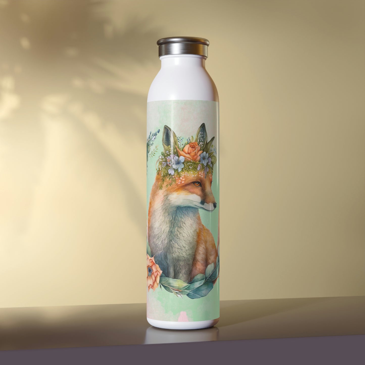 Spring Fox in Flower Wreath Watercolor Slim Water Bottle