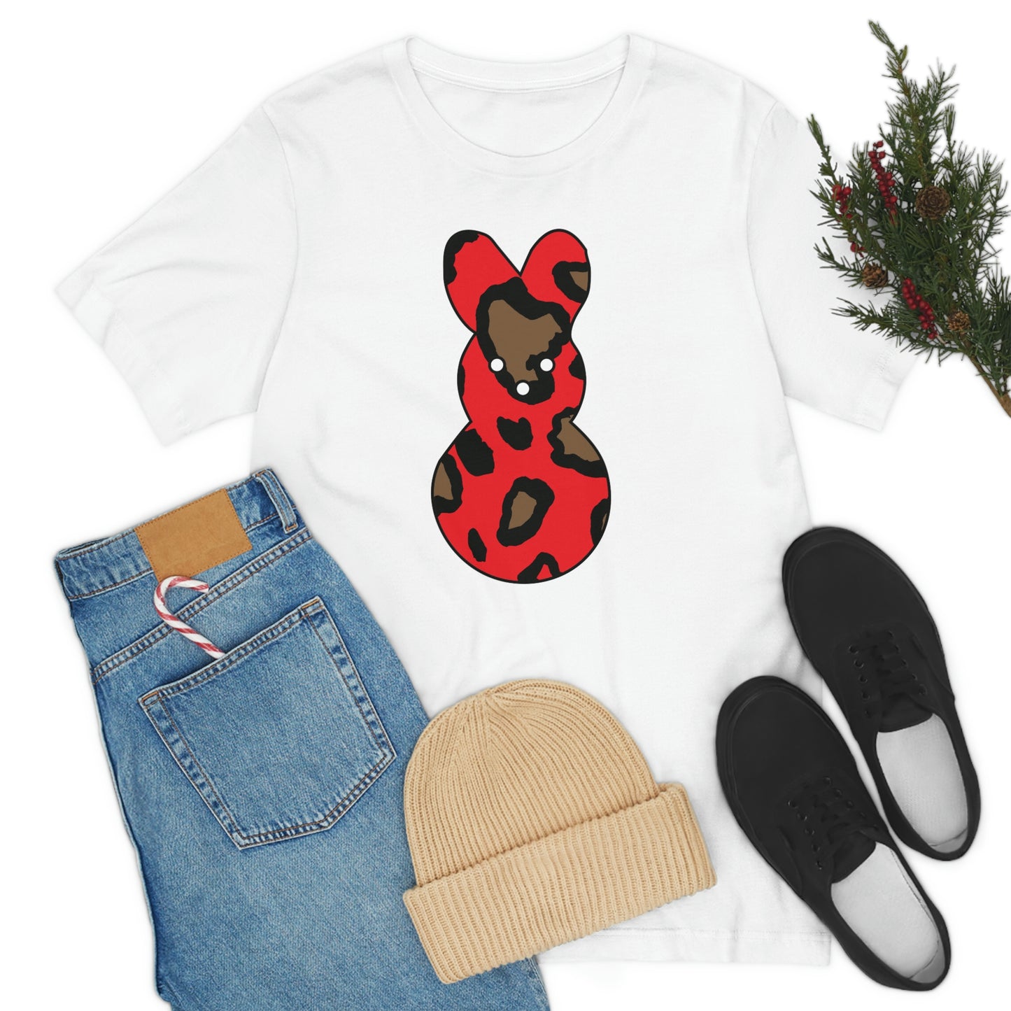 Red Leopard Print Bunny Easter Spring Print Unisex Jersey Short Sleeve Tee