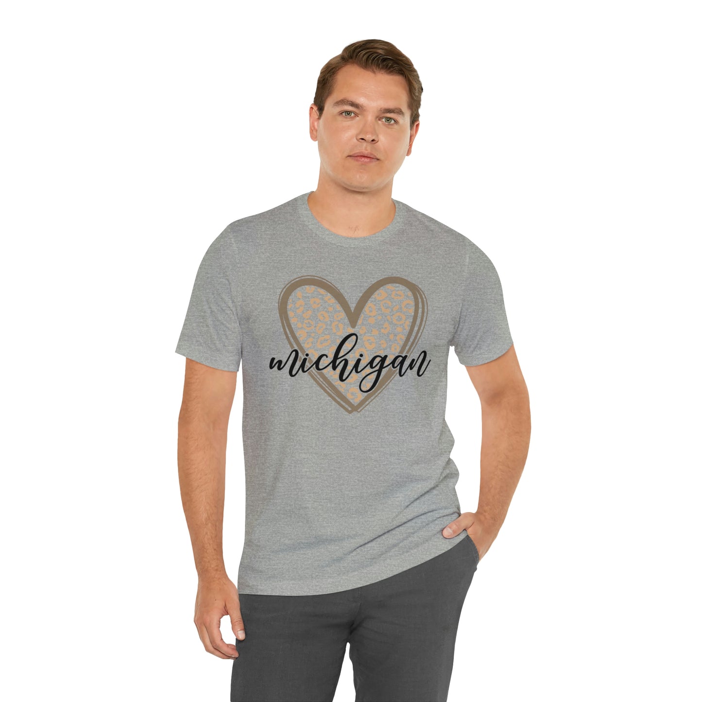 Michigan Gold Leopard Heart Black Script Short Sleeve T-shirt