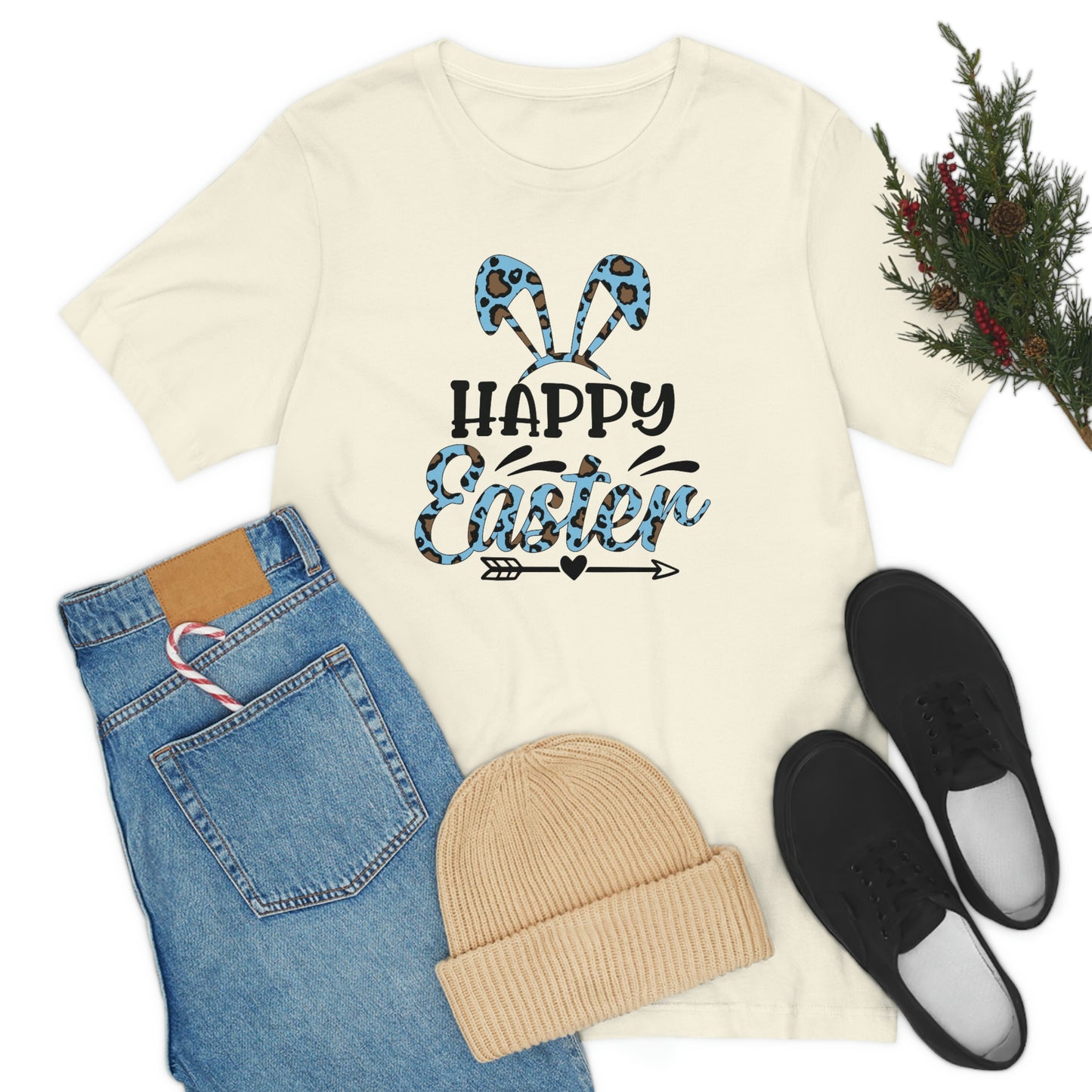 Happy Easter Bunny Ears Blue Leopard Print Unisex Jersey Short Sleeve Tee