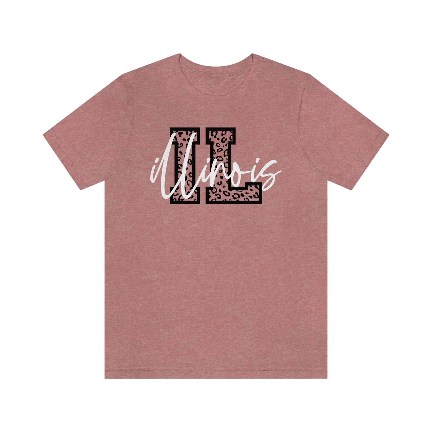Illinois ID Leopard Print Letters White Script Short Sleeve T-shirt