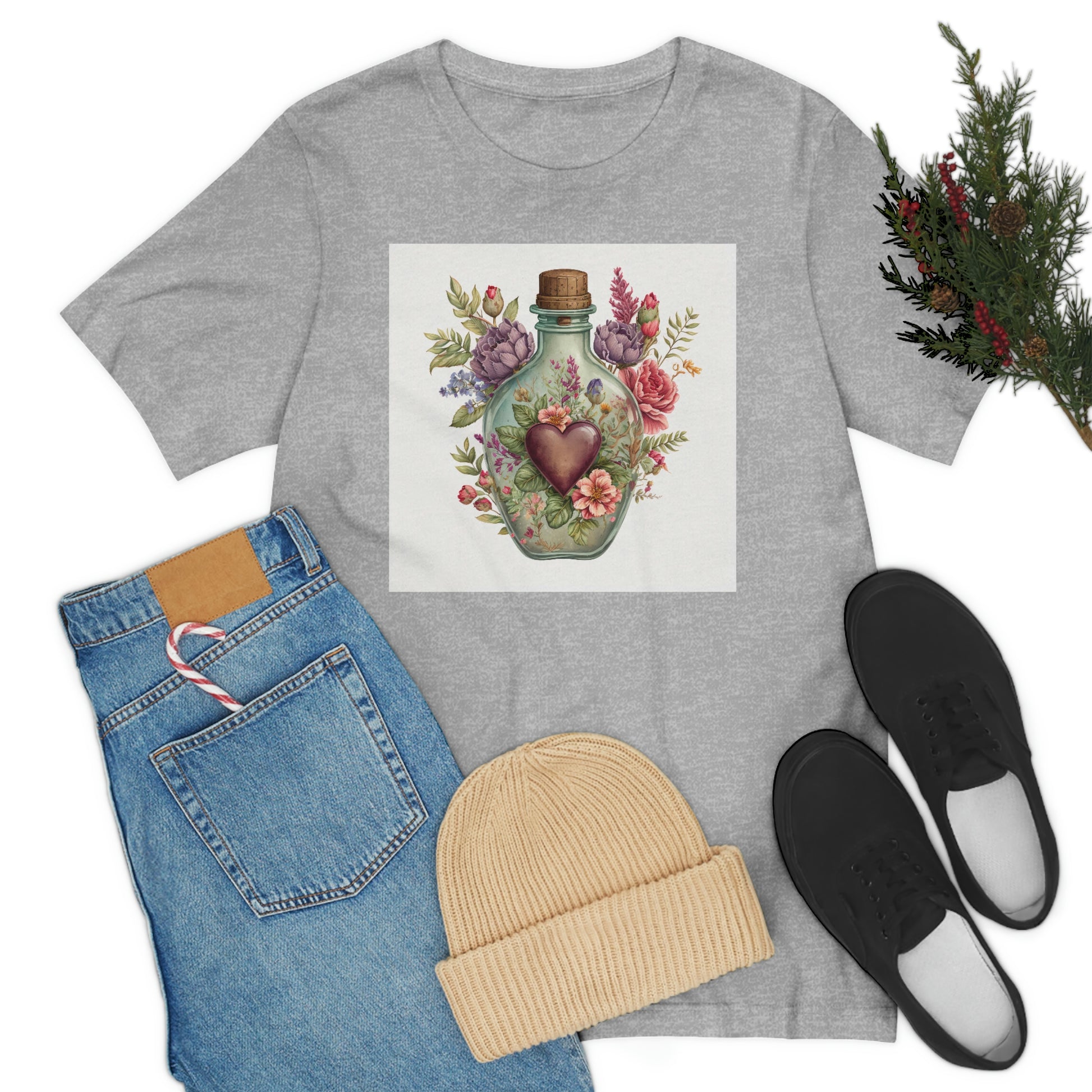 Vintage Bottle Floral Unisex Jersey Short Sleeve Tee