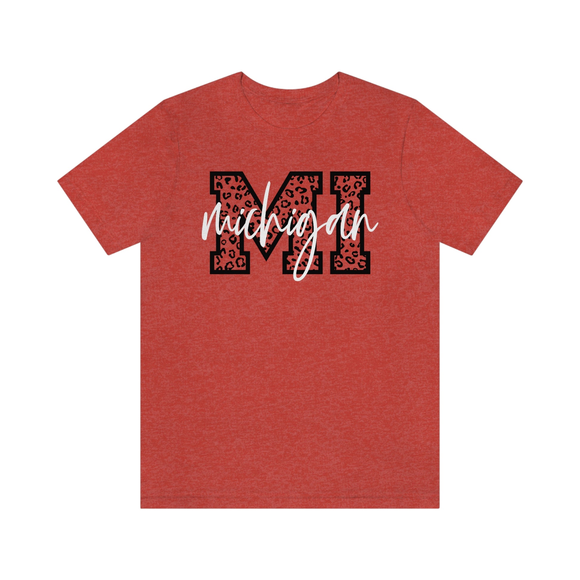 Michigan MI Leopard Print Letters White Script Short Sleeve T-shirt