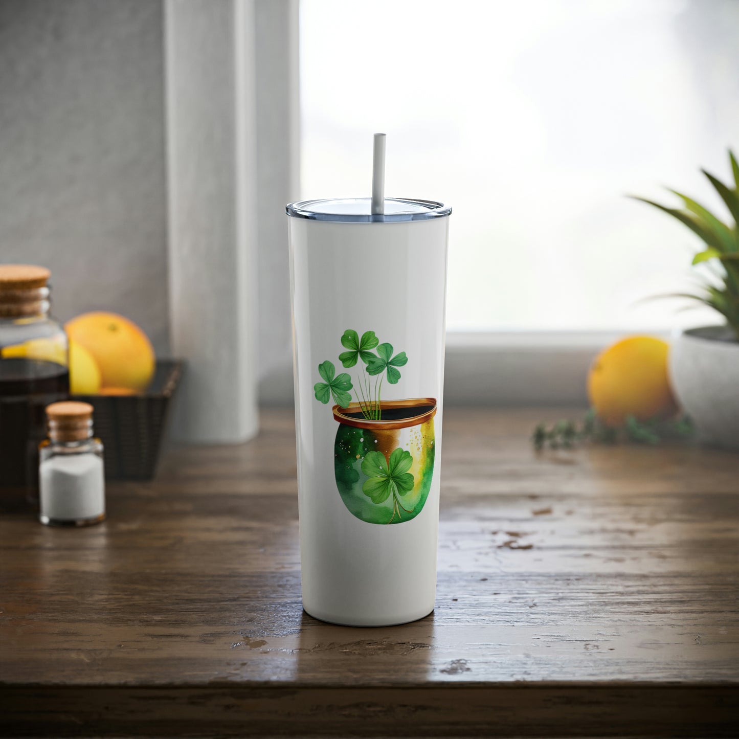 St. Patrick's Day Pot of Gold Skinny Steel Tumbler with Straw, 20oz