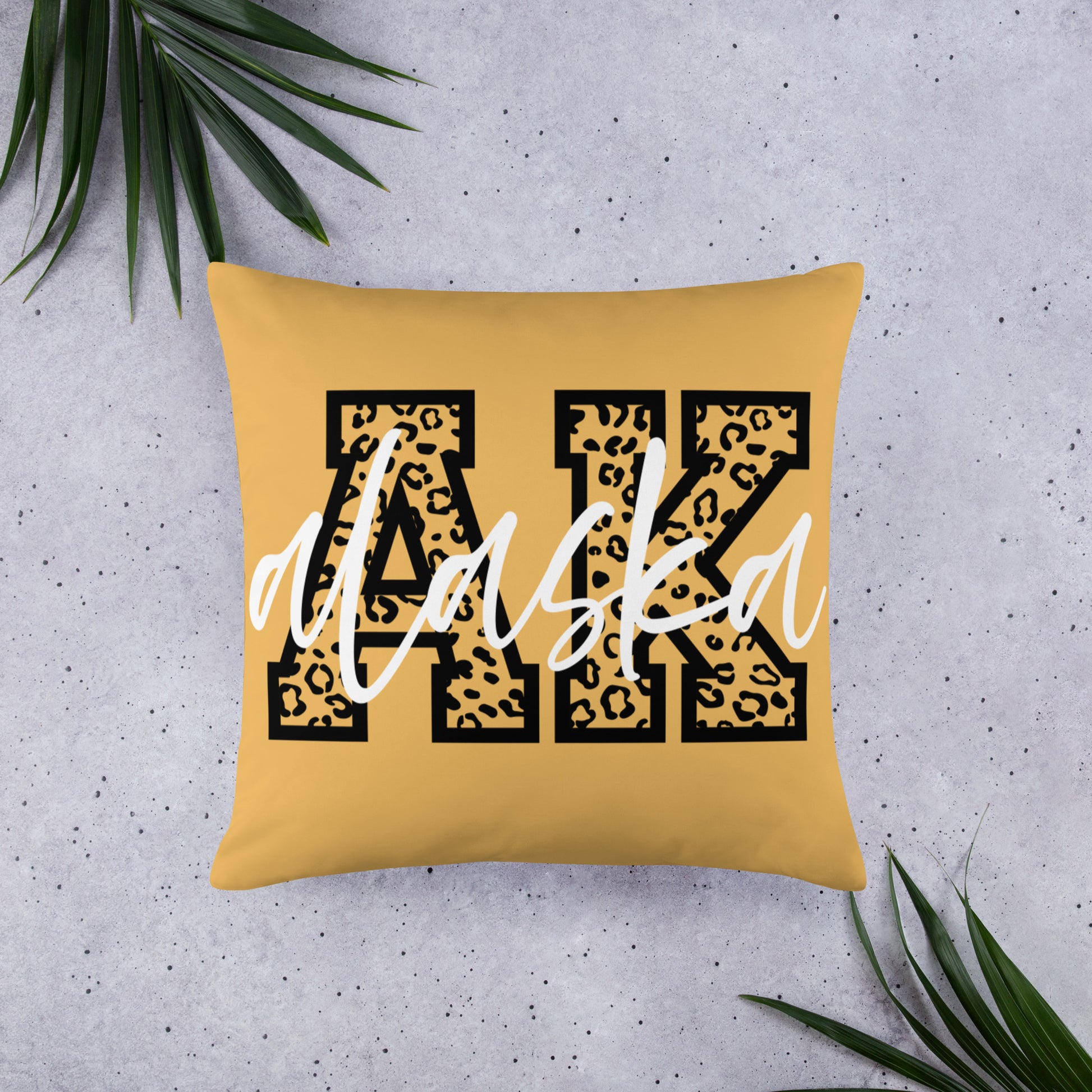 Alaska AK Leopard Print Letters White Script Throw Pillow