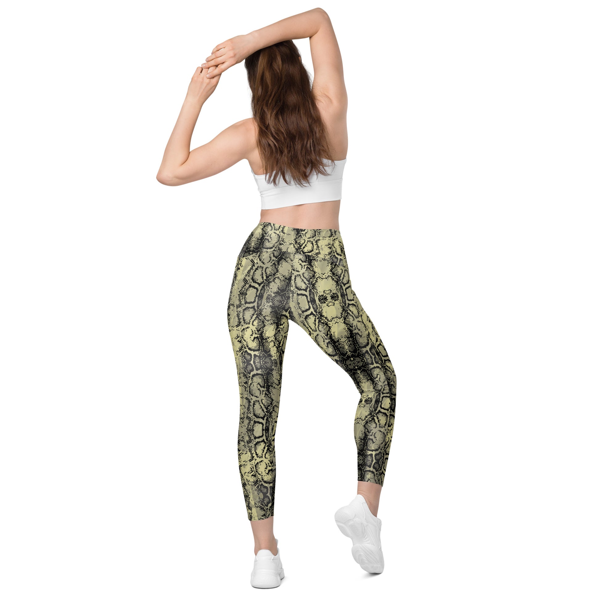 Green Snakeskin Design Crossover Leggings With Pockets