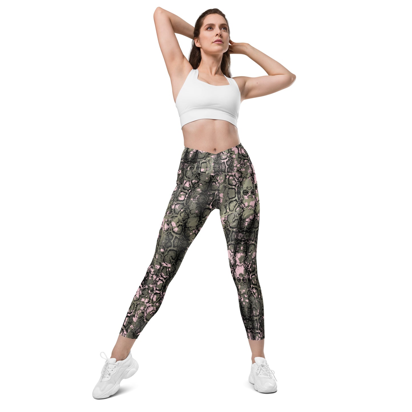 Snakeskin Design Crossover Leggings With Pockets