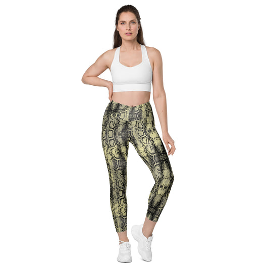 Green Snakeskin Design Crossover Leggings With Pockets