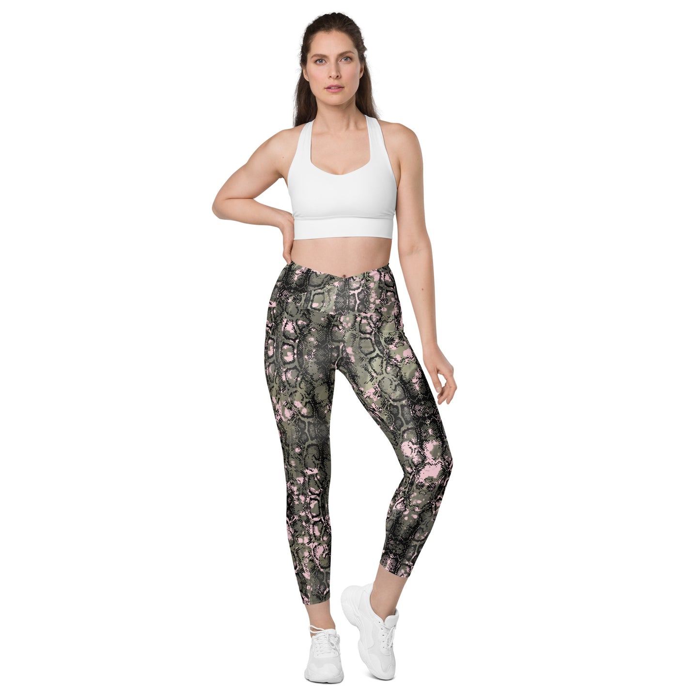 Snakeskin Design Crossover Leggings With Pockets