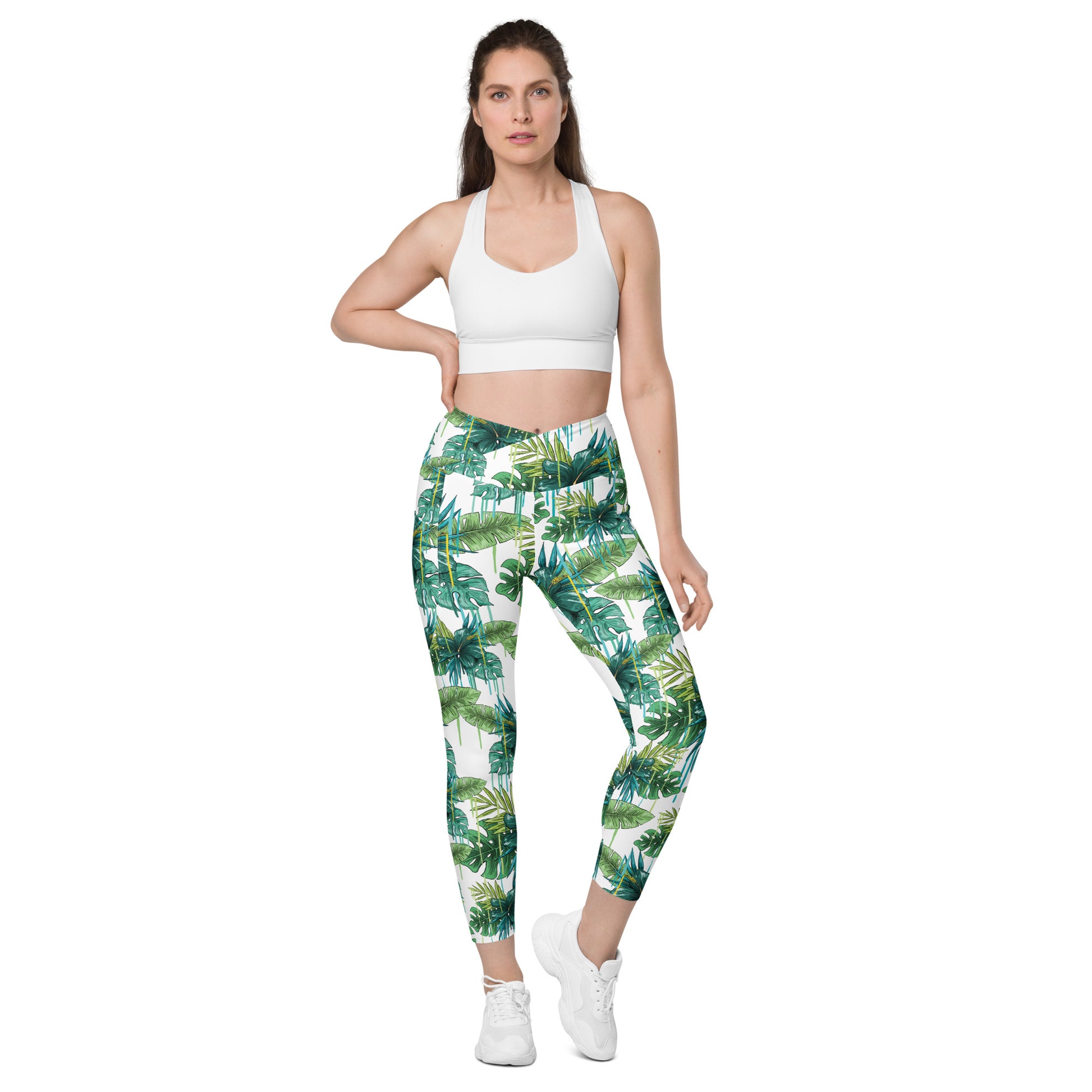 Green Plants Crossover leggings with pockets