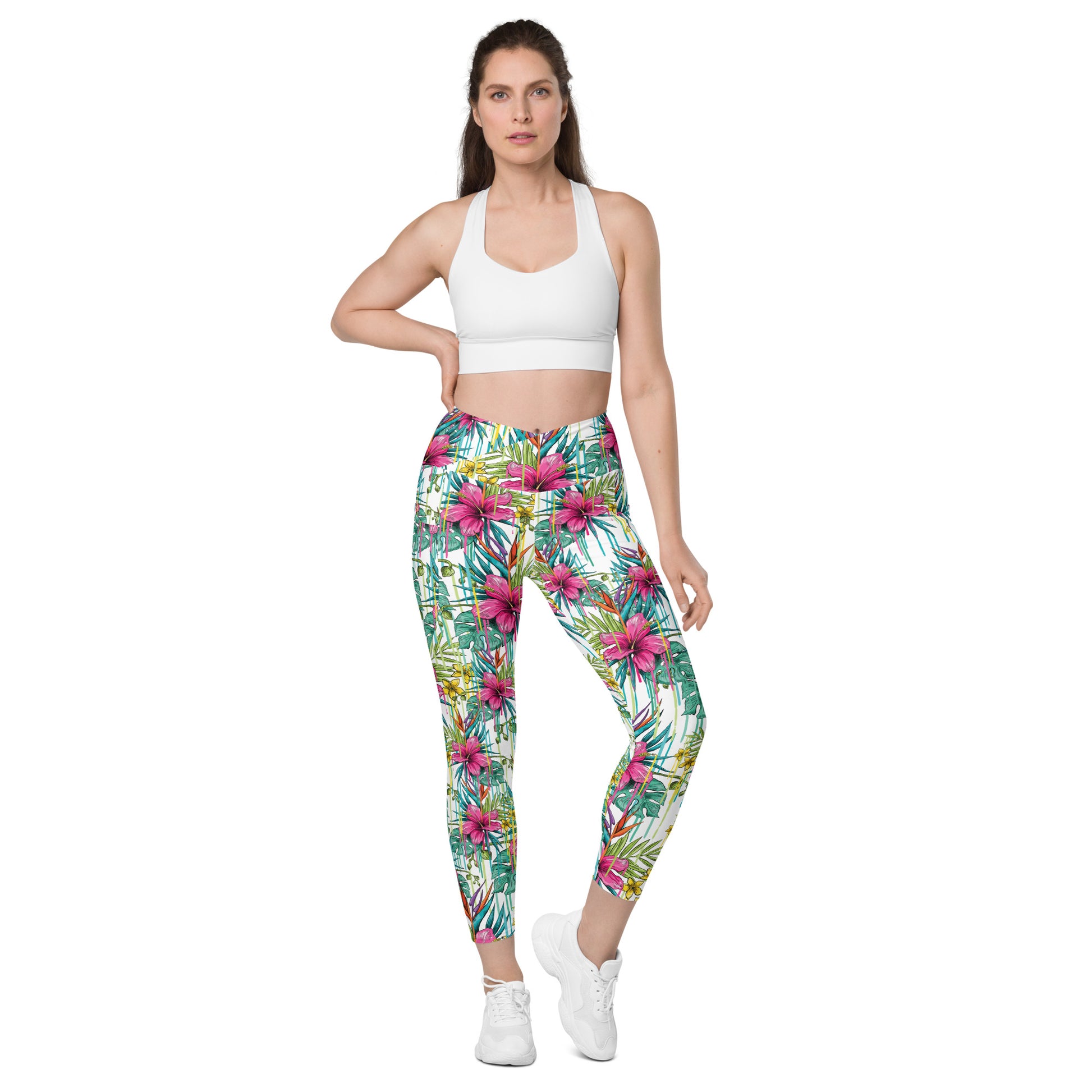 Pink Flower Crossover leggings with pockets