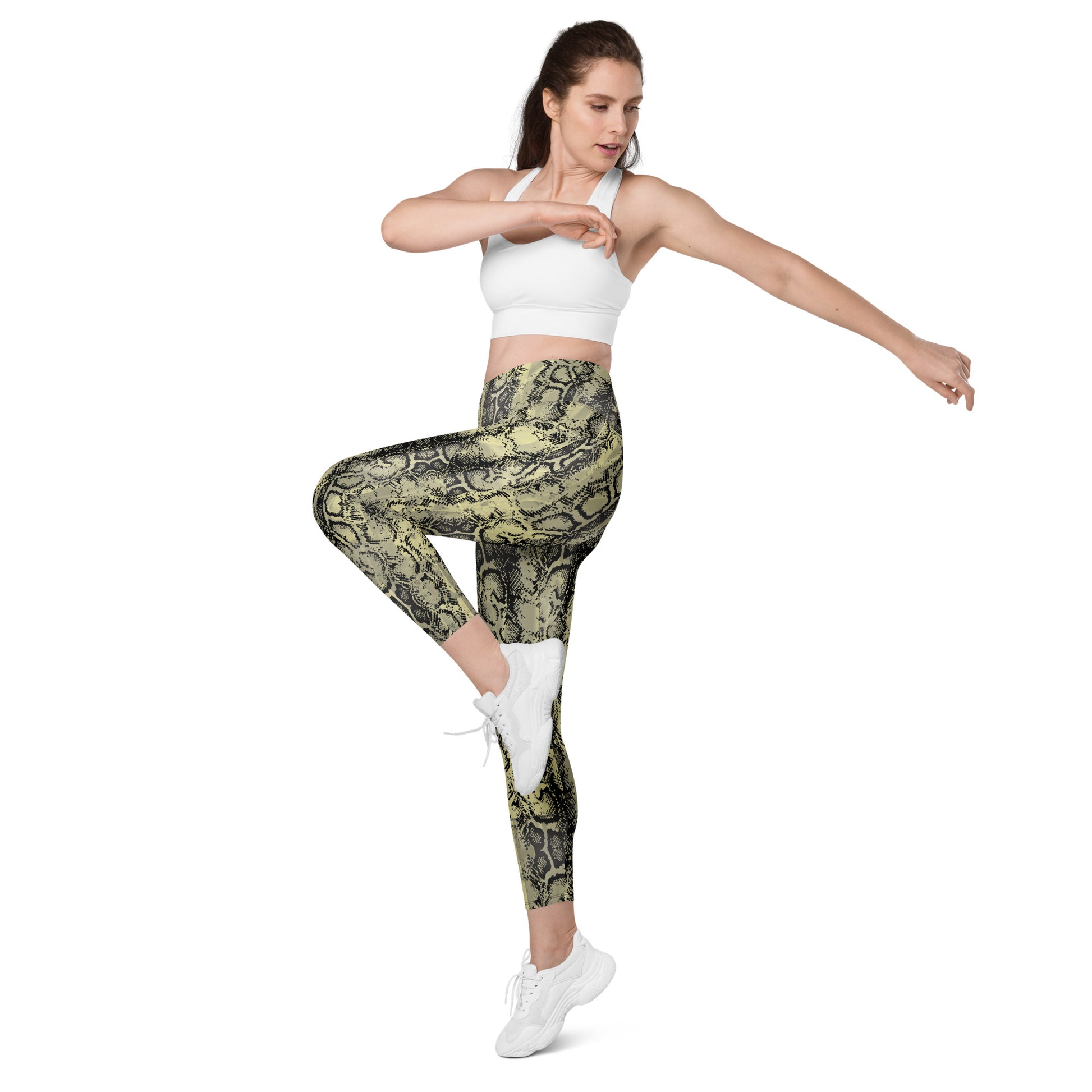 Green Snakeskin Design Crossover Leggings With Pockets