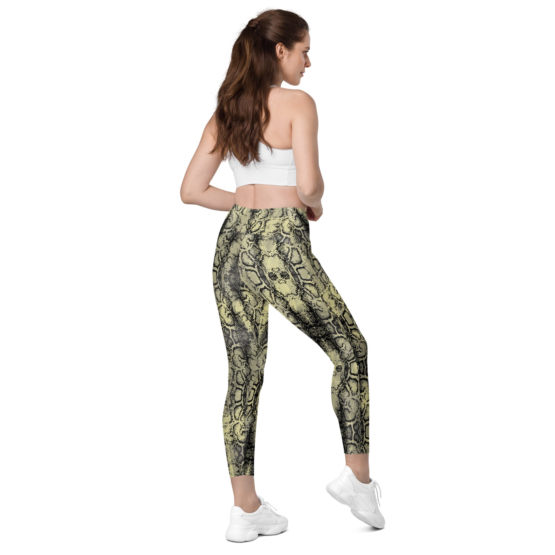 Green Snakeskin Design Crossover Leggings With Pockets