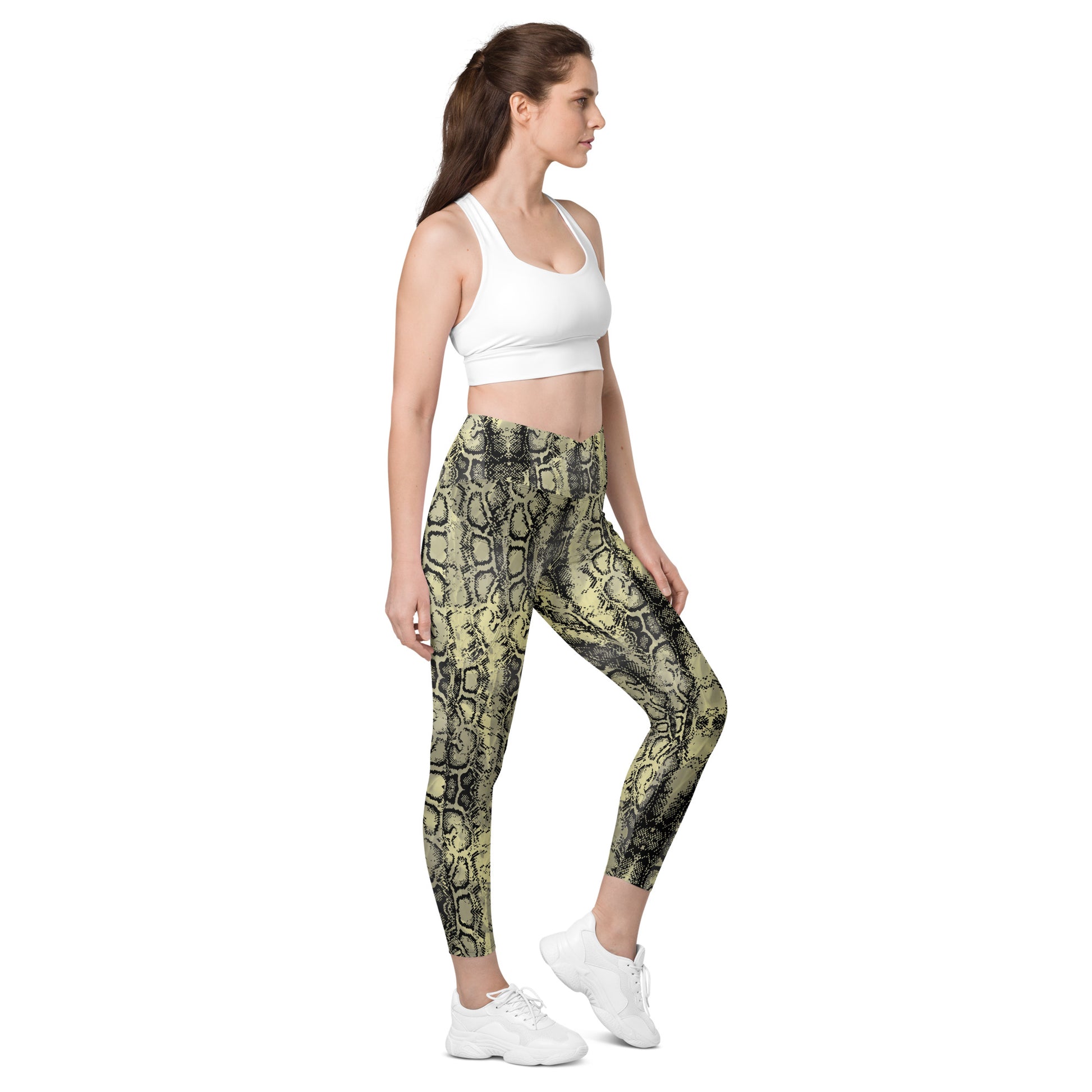 Green Snakeskin Design Crossover Leggings With Pockets