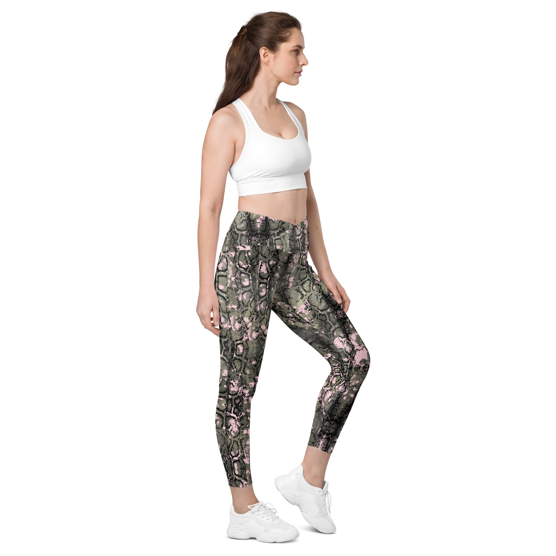 Snakeskin Design Crossover Leggings With Pockets