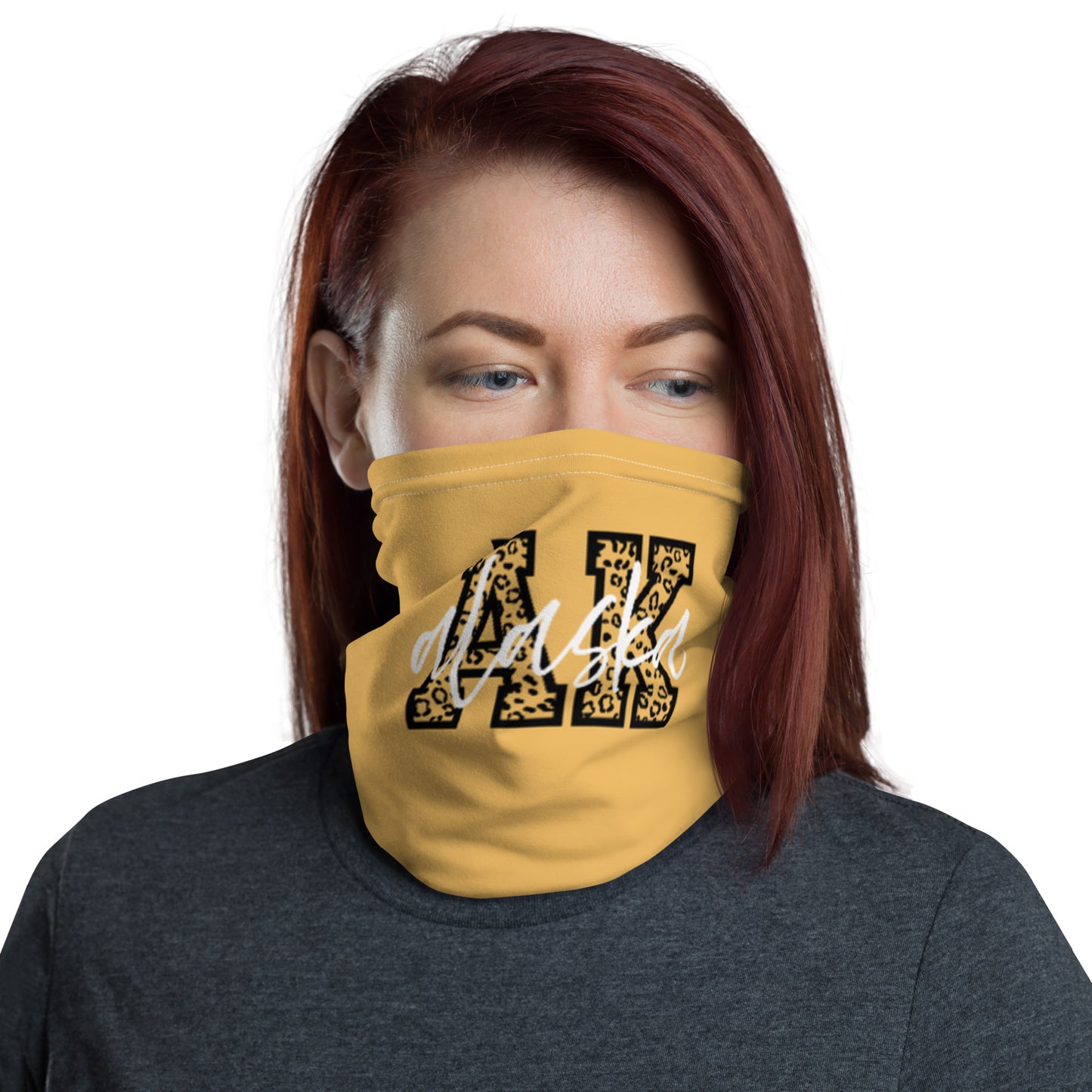 Alaska AK Leopard Print Letters White Script Neck Gaiter