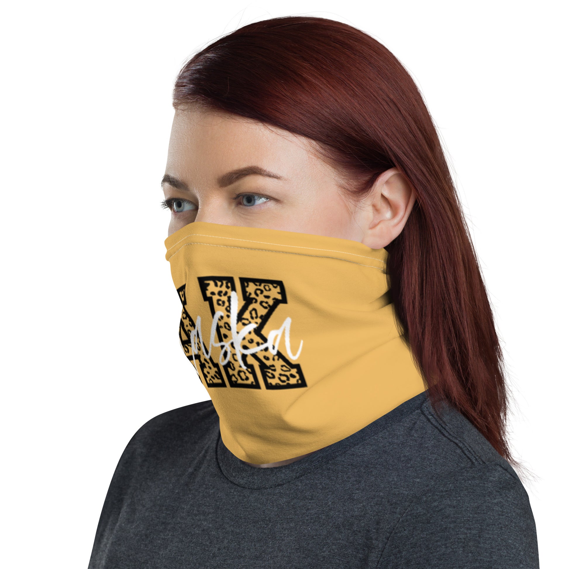 Alaska AK Leopard Print Letters White Script Neck Gaiter