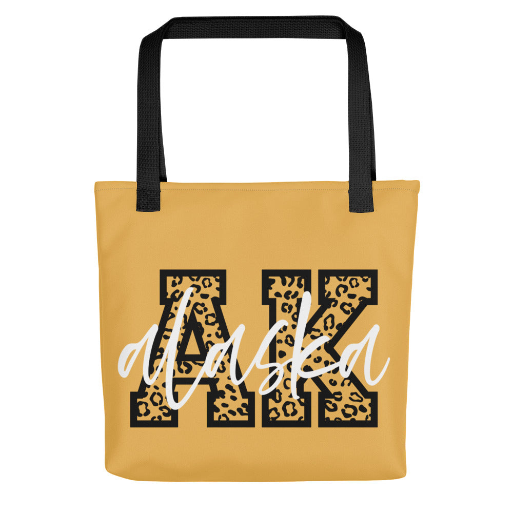 Alaska AK Leopard Print Letters White Script Tote Bag