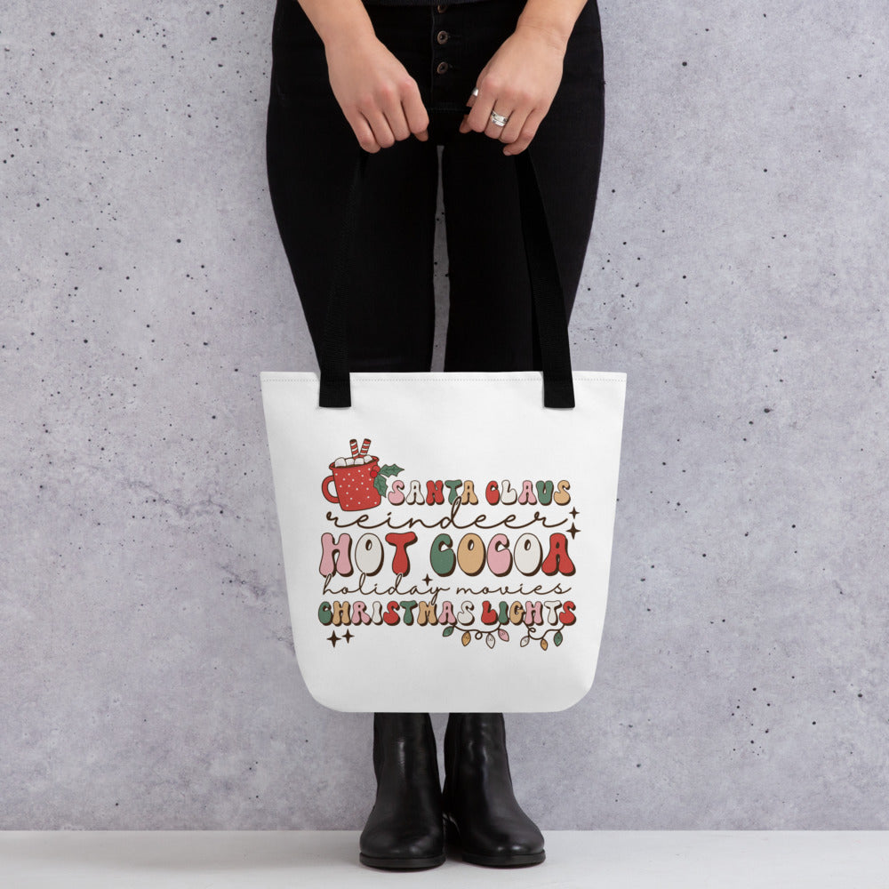 Santa Claus Reindeer Hot Cocoa Holiday Movies Christmas Lights Tote bag