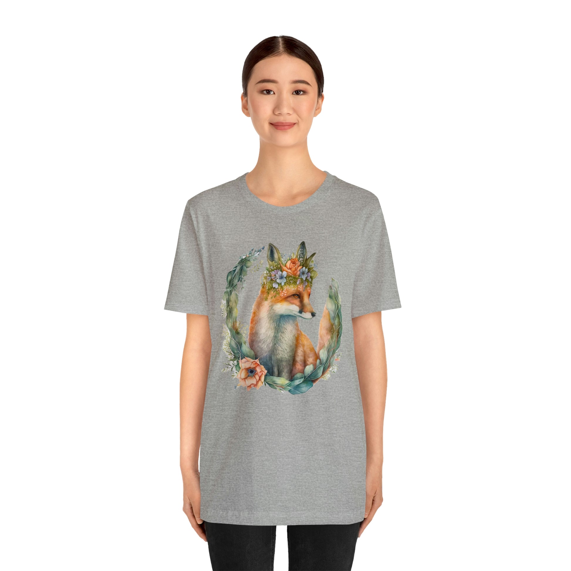 Watercolor Fox Peaking Through Wreath Short Sleeve T-shirt
