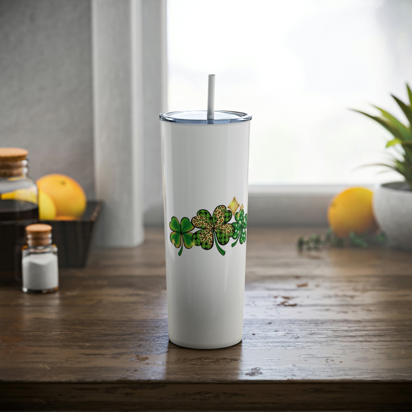 Triple Shamrock St. Patrick's Day Skinny Steel Tumbler with Straw, 20oz