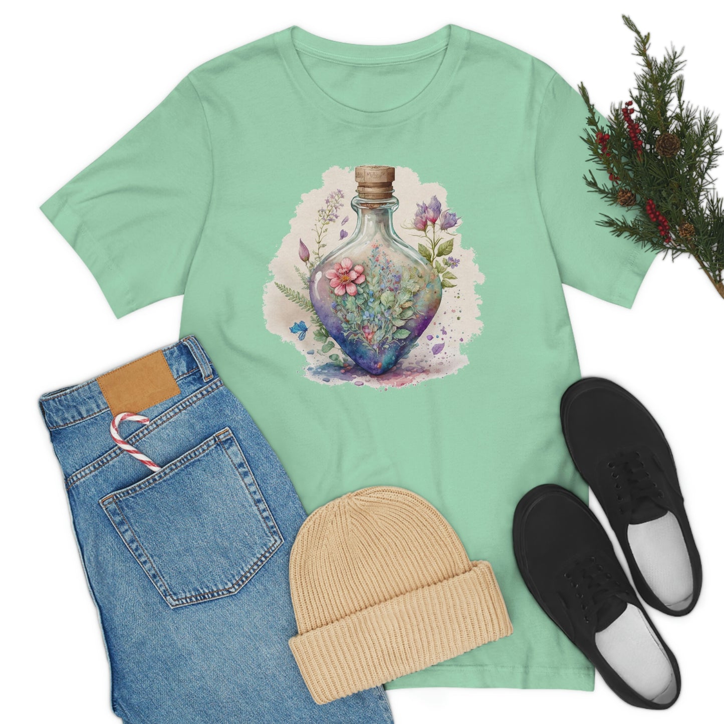 Vintage Bottle Floral Unisex Jersey Short Sleeve Tee