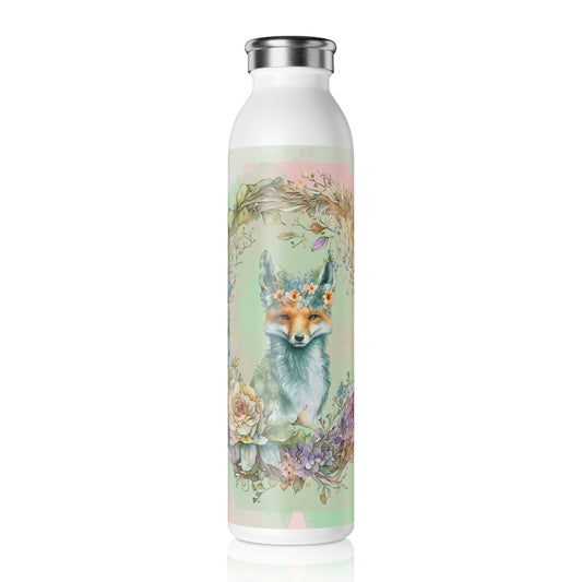 Spring Fox in Flower Wreath Watercolor Slim Water Bottle