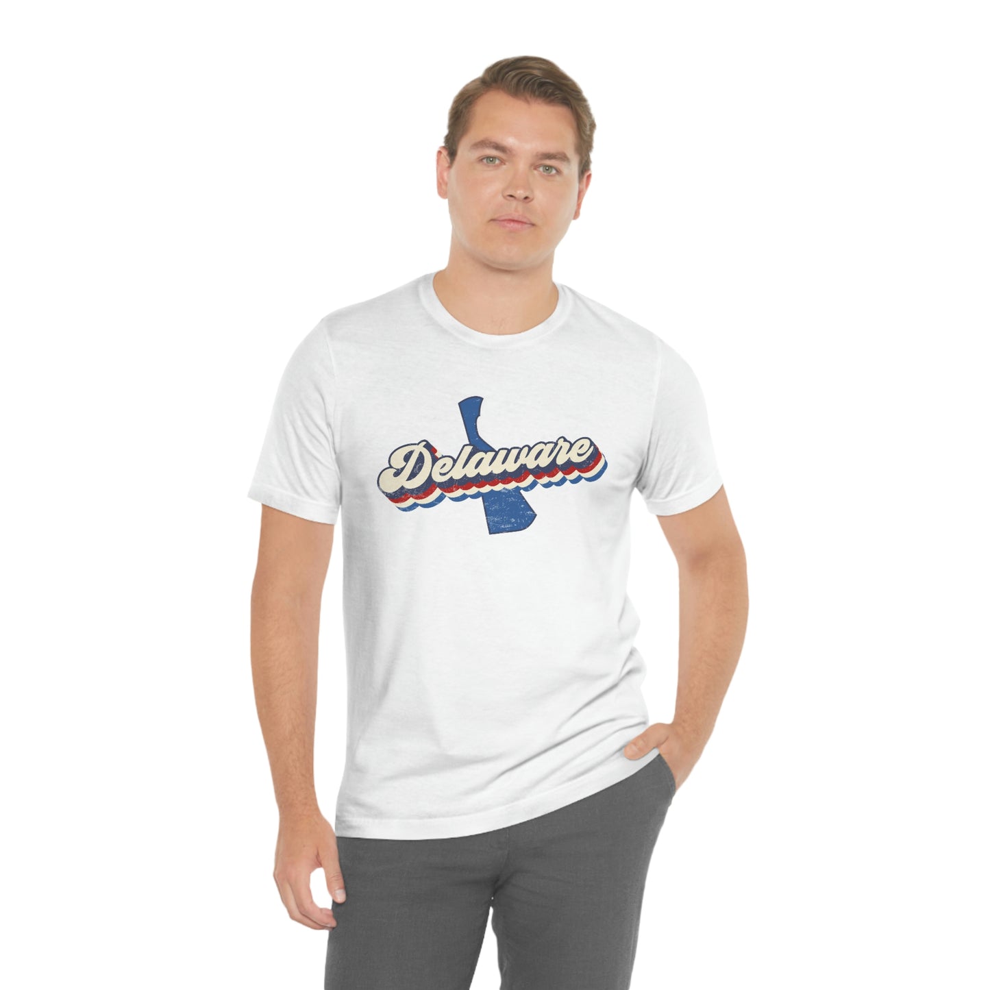 Delaware Script Red White Blue on Blue Delaware Short Sleeve T-shirt