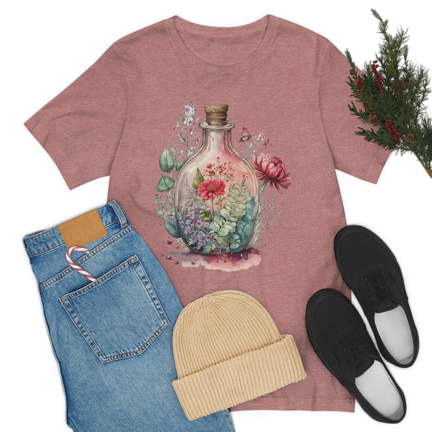 Vintage Bottle Floral Unisex Jersey Short Sleeve Tee