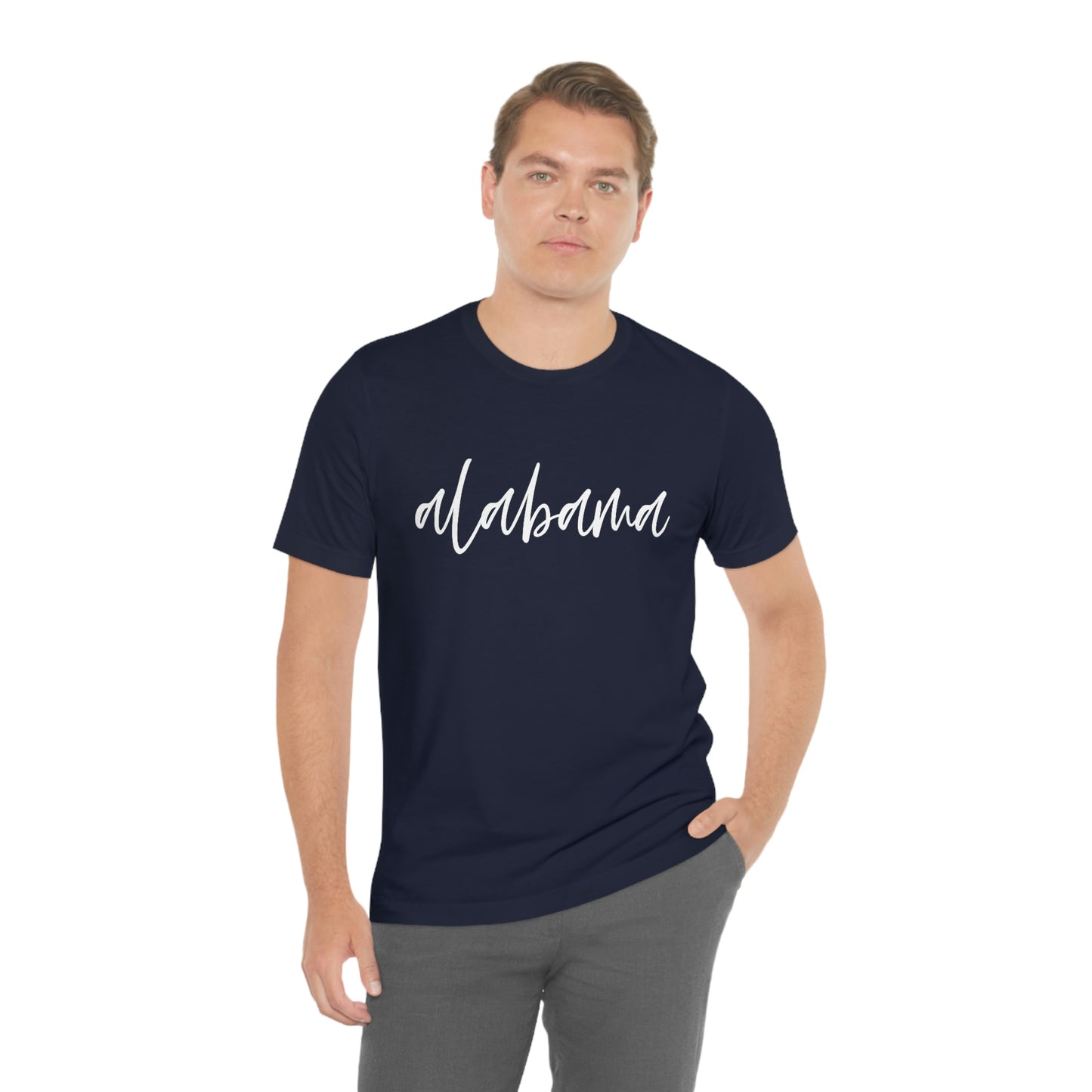 Alabama in White Script Unisex Jersey Short Sleeve T-shirt