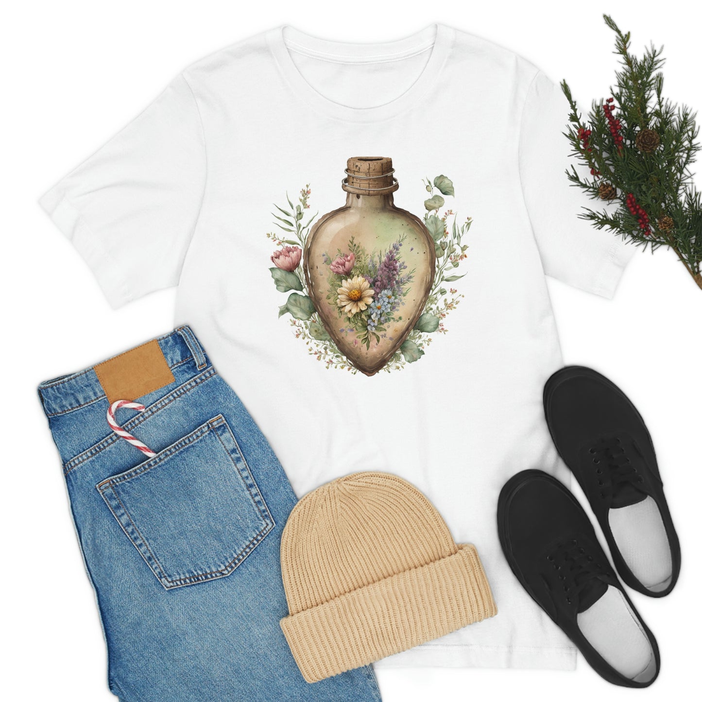 Vintage Bottle Floral Unisex Jersey Short Sleeve Tee