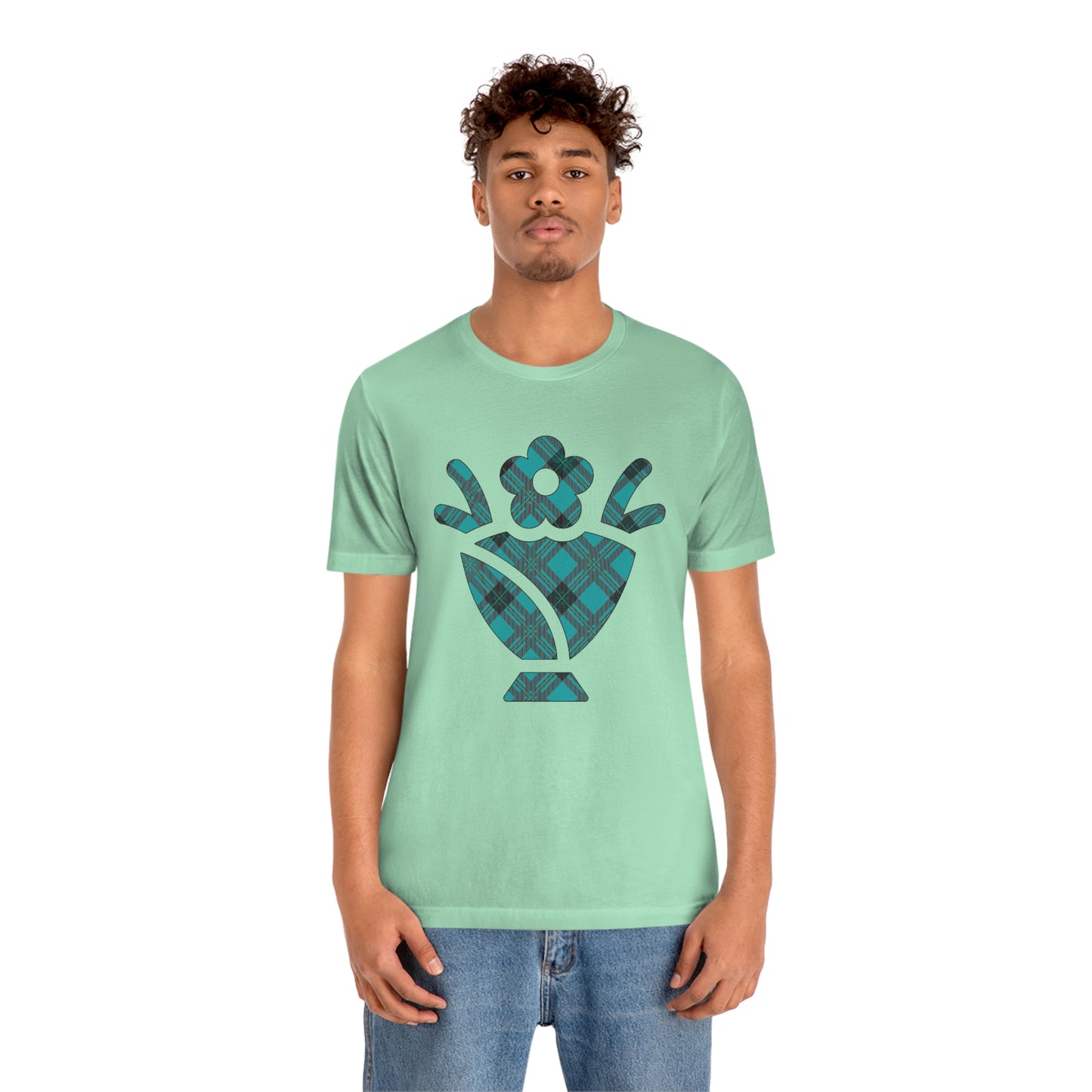 Blue Plaid Egg Basket Flowers Unisex Jersey Short Sleeve Tee