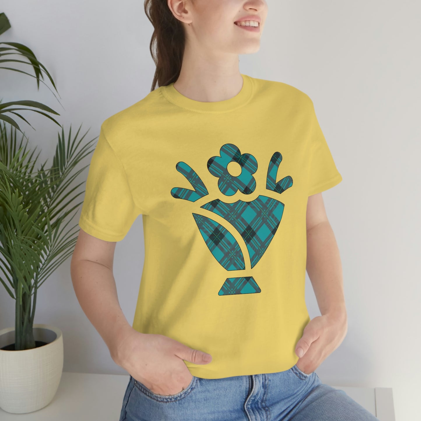 Blue Plaid Egg Basket Flowers Unisex Jersey Short Sleeve Tee