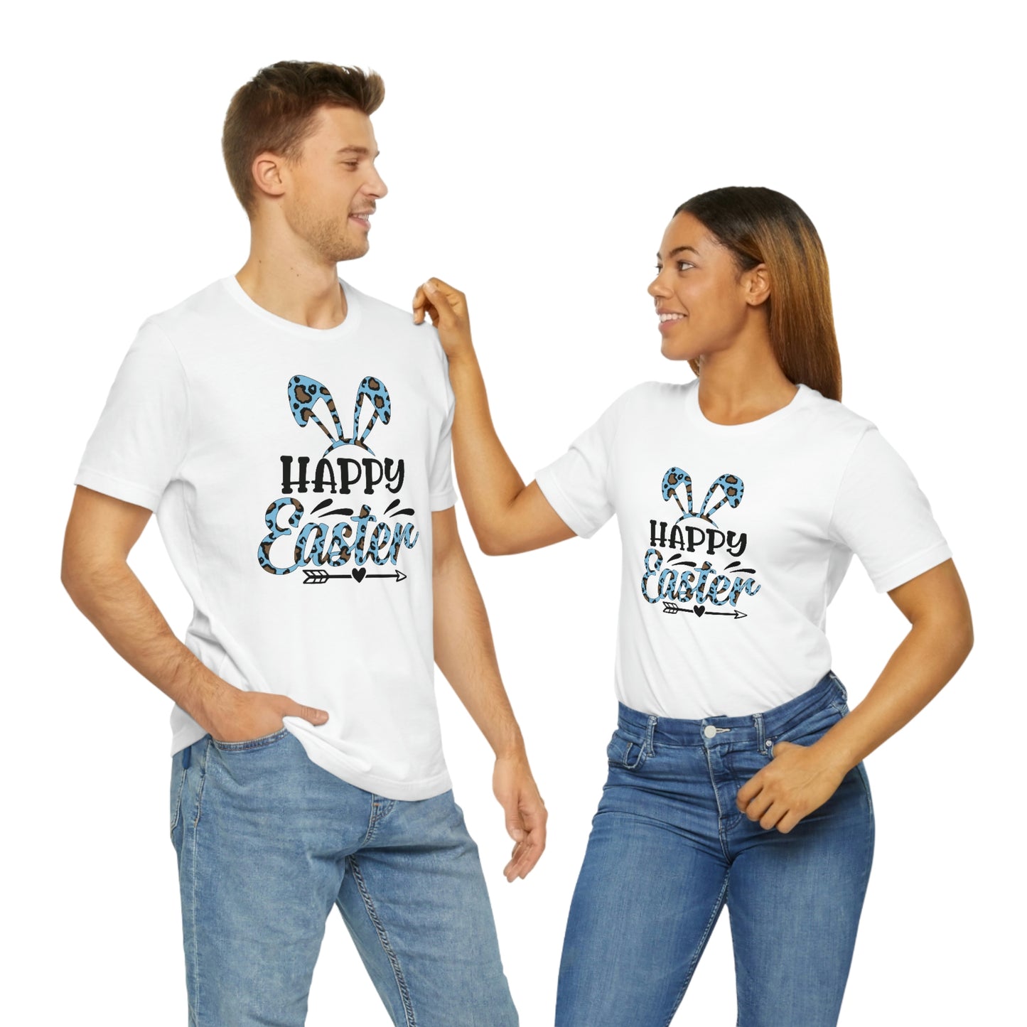 Happy Easter Bunny Ears Blue Leopard Print Unisex Jersey Short Sleeve Tee