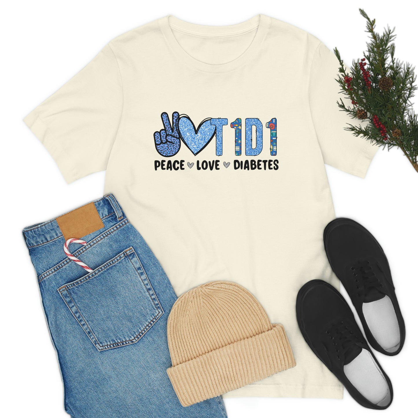 Peace Love T1D1 Diabetes Awareness Print Unisex Jersey Short Sleeve Tee