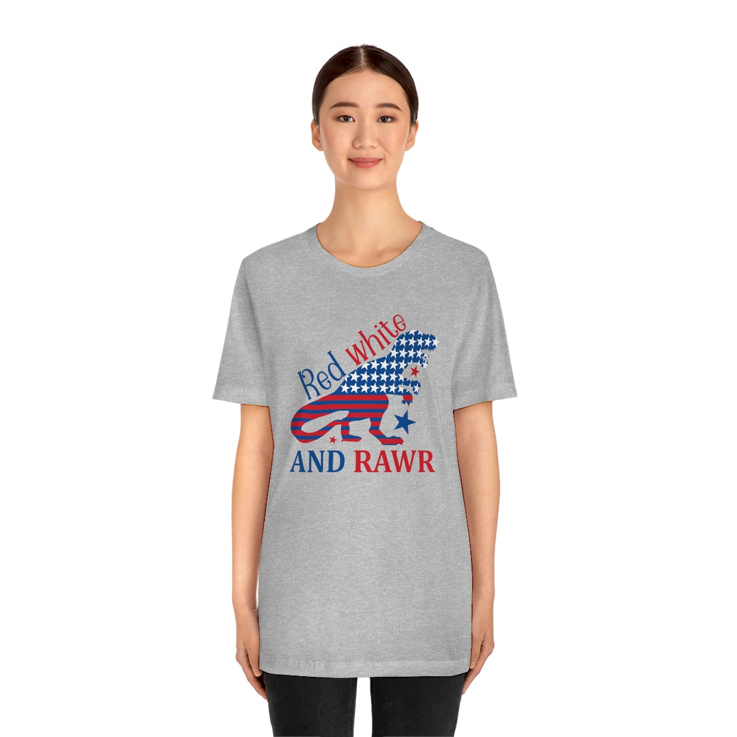 Red White Rawr Dinosaur 4th of July Unisex Jersey Short Sleeve Tee