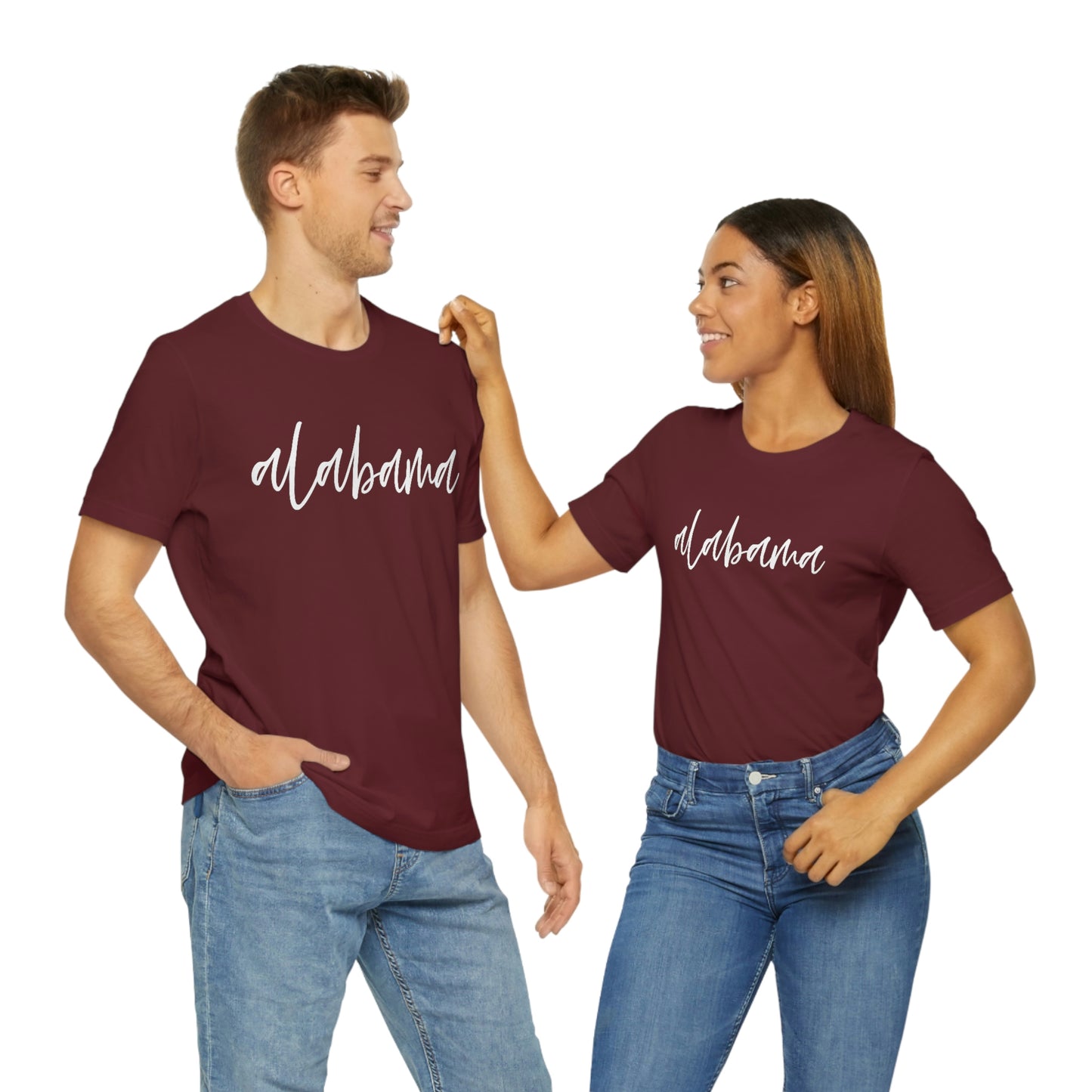 Alabama in White Script Unisex Jersey Short Sleeve T-shirt