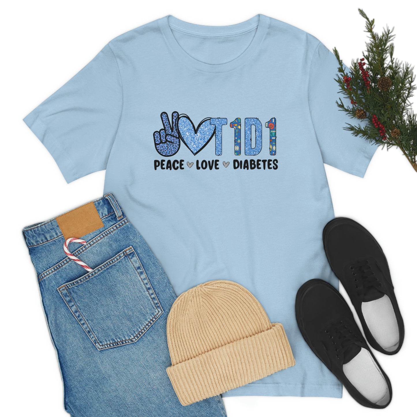 Peace Love T1D1 Diabetes Awareness Print Unisex Jersey Short Sleeve Tee