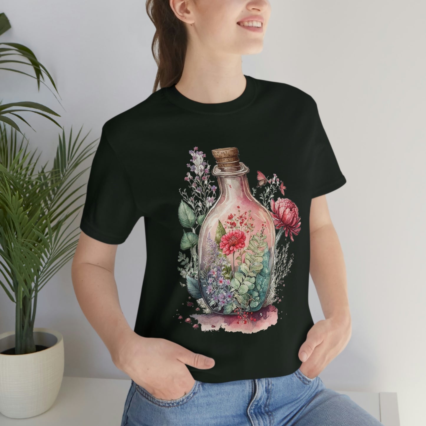 Vintage Bottle Floral Unisex Jersey Short Sleeve Tee