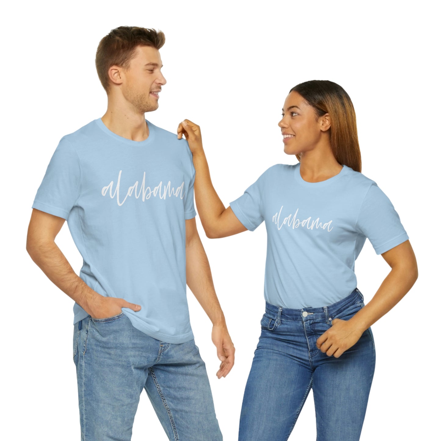 Alabama in White Script Unisex Jersey Short Sleeve T-shirt