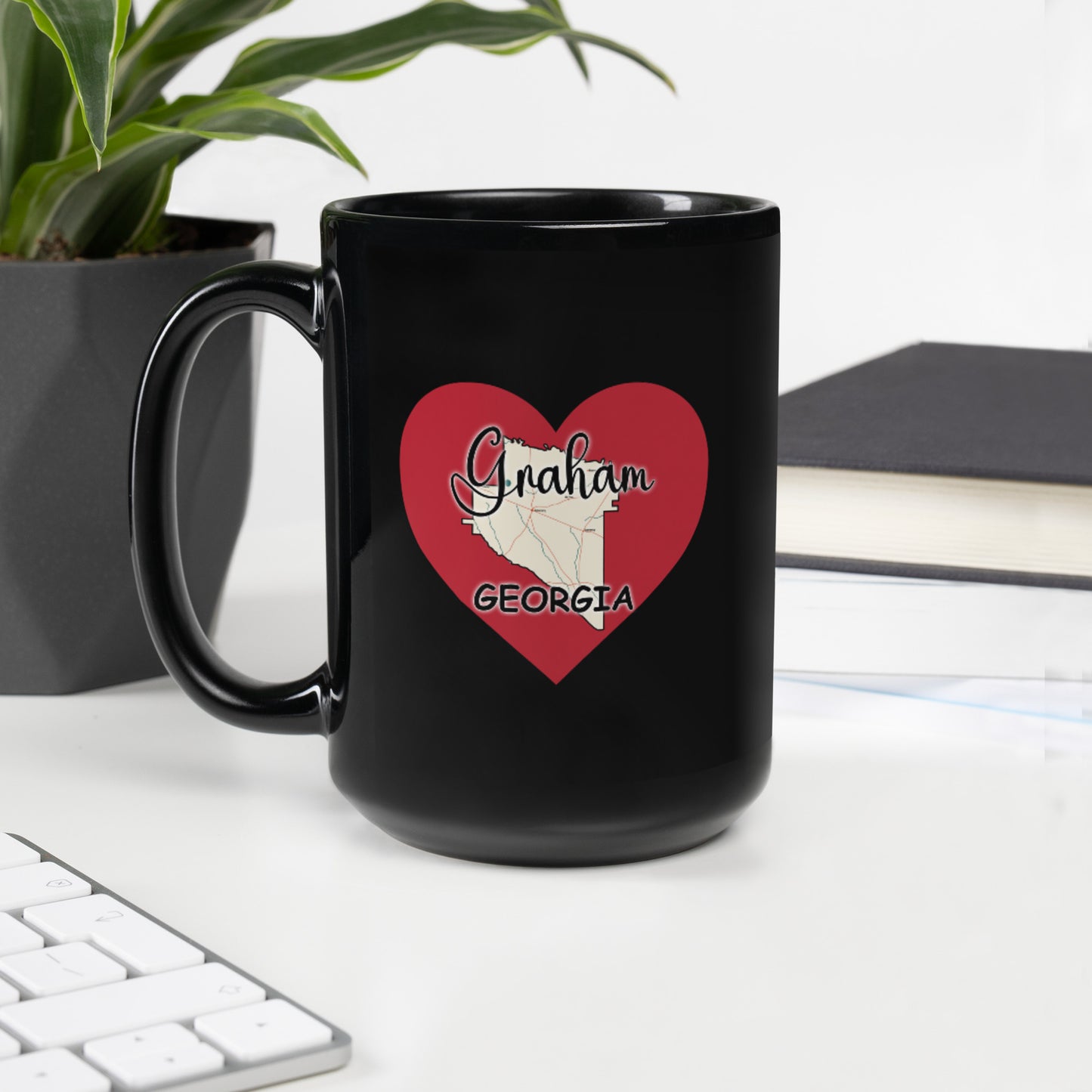 Graham Georgia w/ County Map on Heart Black Glossy Mug