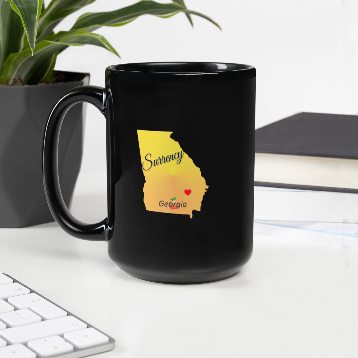Surrency Georgia State Heart Locator Black Glossy Ceramic Mug 11 oz and 15 oz