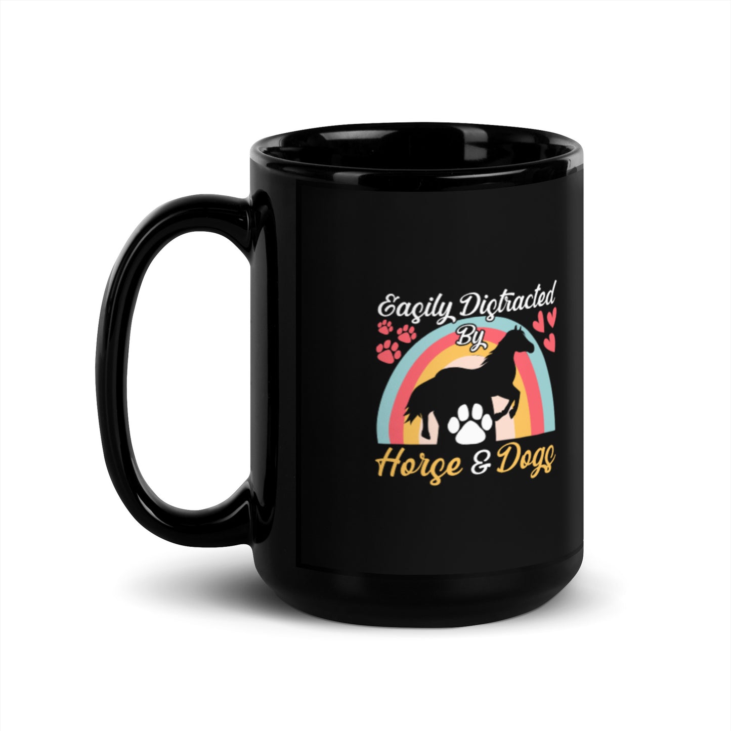 Easily Distracted by Horse & Dogs Black Glossy Mug