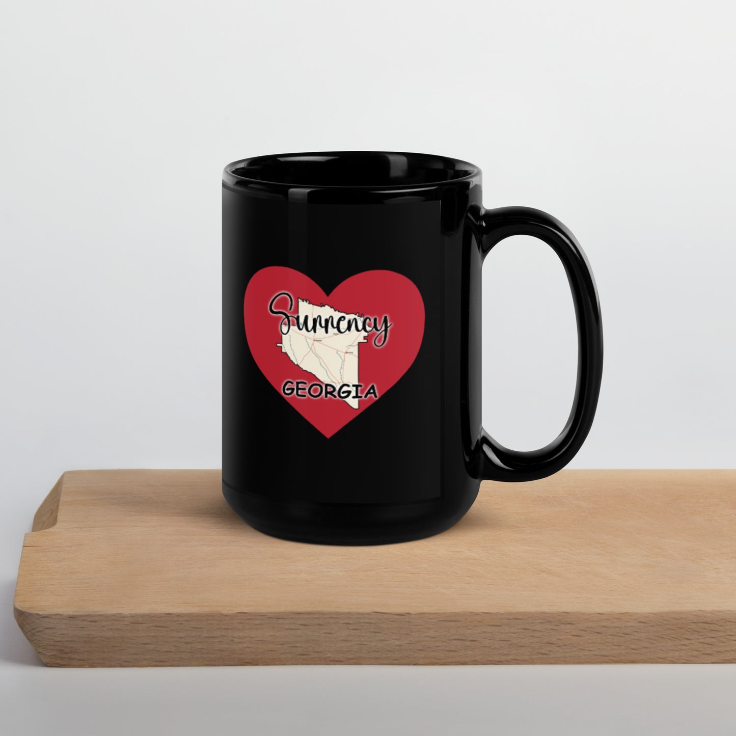 Surrency Georgia with County on Heart Black Glossy Ceramic Mug 11 oz and 15 oz