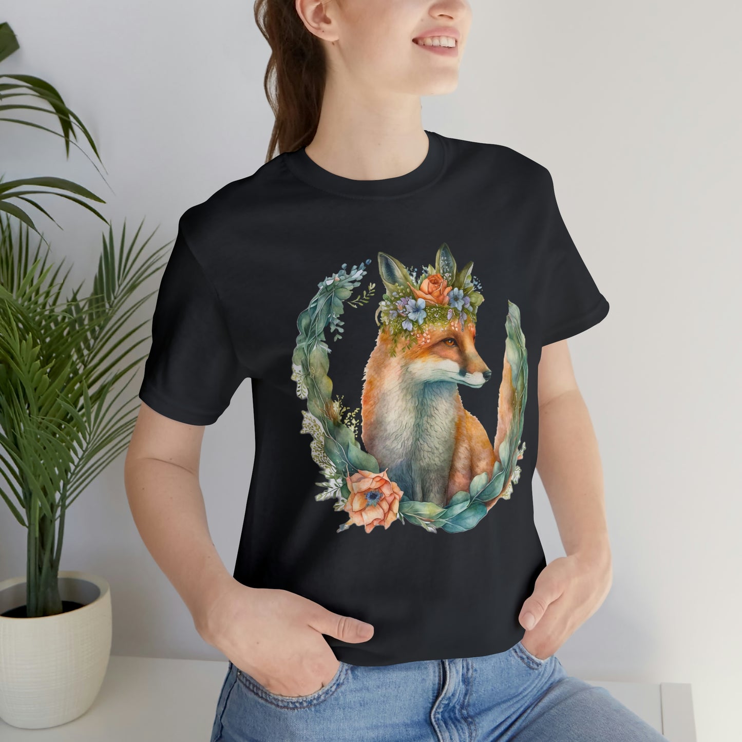 Watercolor Fox Peaking Through Wreath Short Sleeve T-shirt