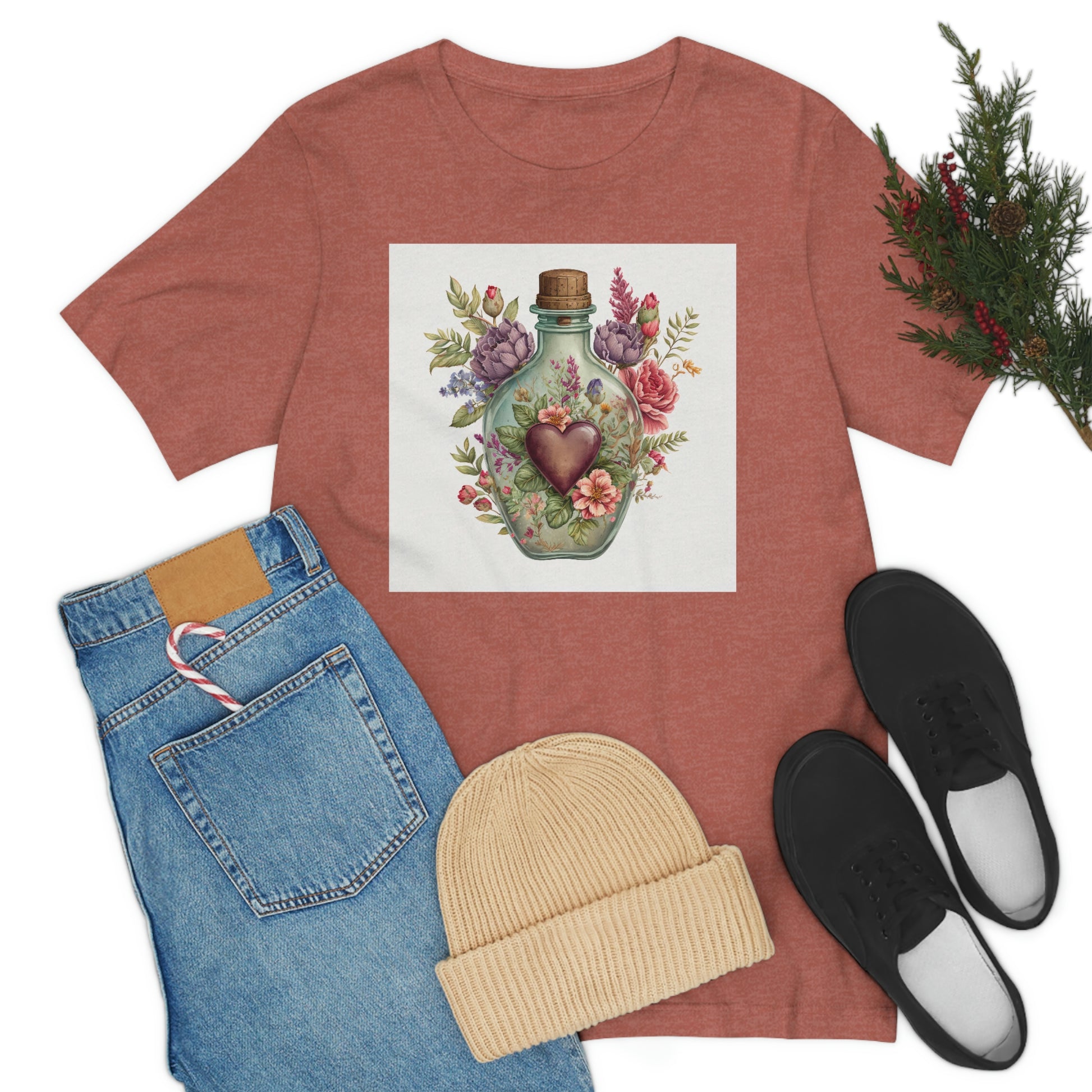 Vintage Bottle Floral Unisex Jersey Short Sleeve Tee