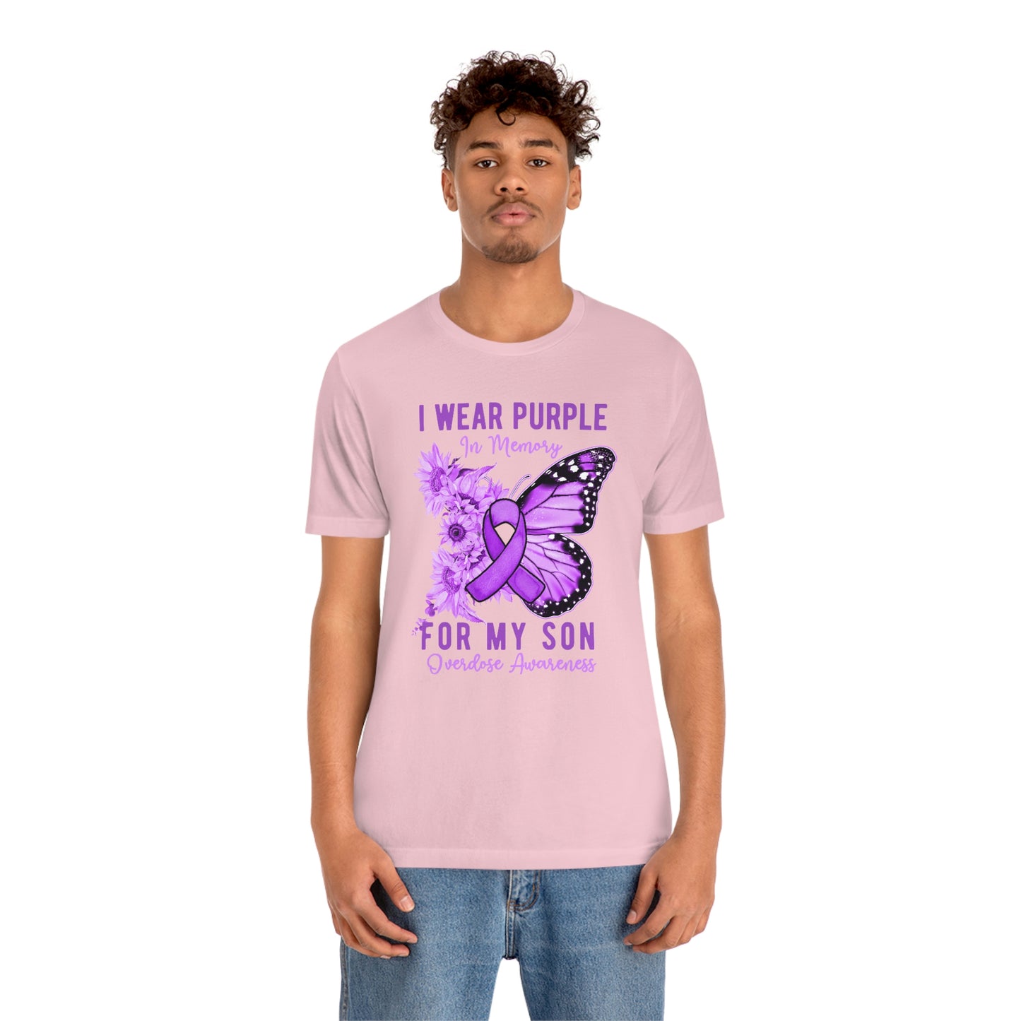 I Wear Purple In Memory For My Son Overdose Awareness Print Unisex Jersey Short Sleeve Tee