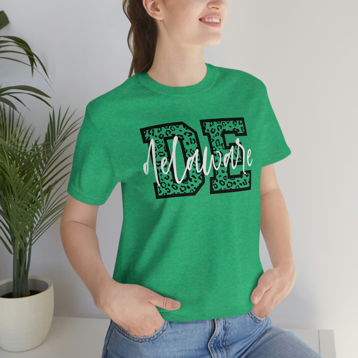 Delaware DE Leopard Print White Script Short Sleeve T-shirt